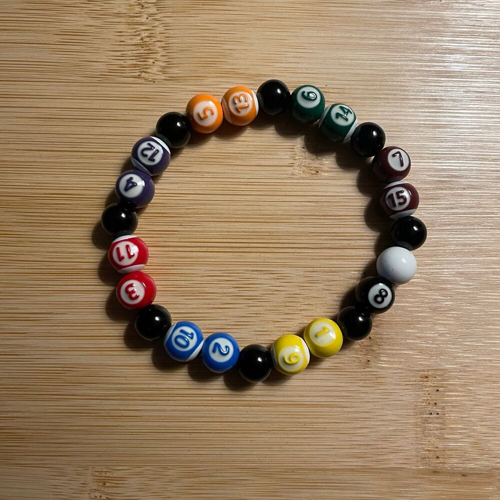 Eight Ball Billiards Pool Player Metal Number Beads & Onyx Beaded Bracelet 7.5”